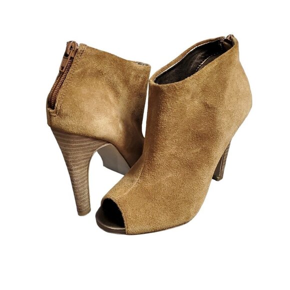 ❤️356 Julianne Hough for Sole Society Angela Peep Toe Leather Tan Bootie Heels - Picture 2 of 11